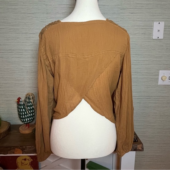 FREE PEOPLE Brown Tie Waist Lace Top Women’s Size XL Boho Crochet Cotton - Picture 3 of 8